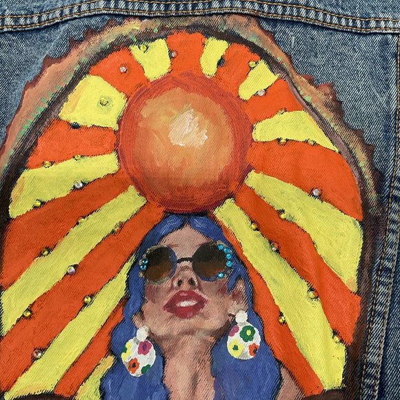 Vintage Hand Painted Denim Jacket Boho Hippie Woman Sun Angel Clouds Wom… - Picture 4 of 11
